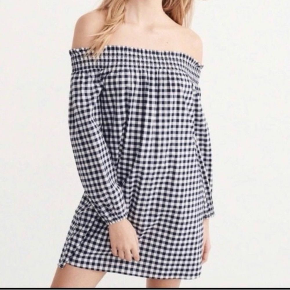 NWT Abercrombie & Fitch Navy and White Plaid Off the Shoulder Dress Extra Small